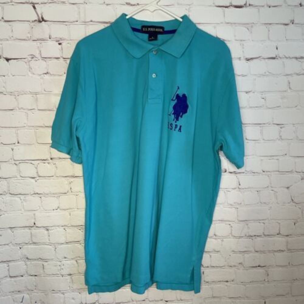 US Polo Assn Mens Turquoise Blue Short Sleeve Polo Shirt Large Logo 3 Sleeve L